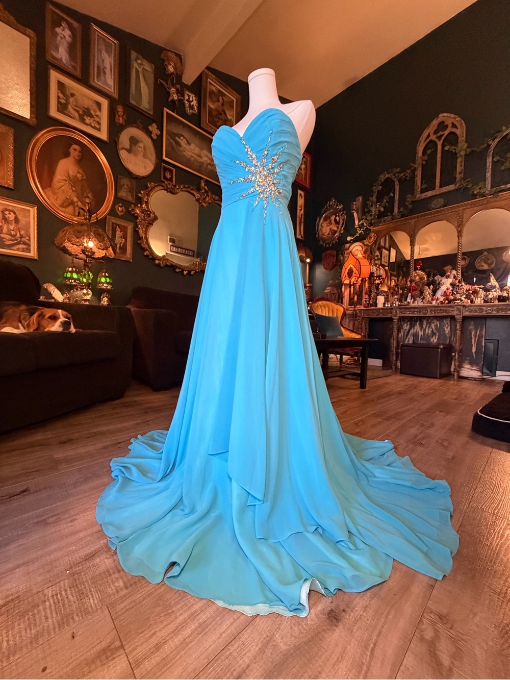 Vintage Y2K Jovani Strapless Turquoise Evening Gown | Size 10